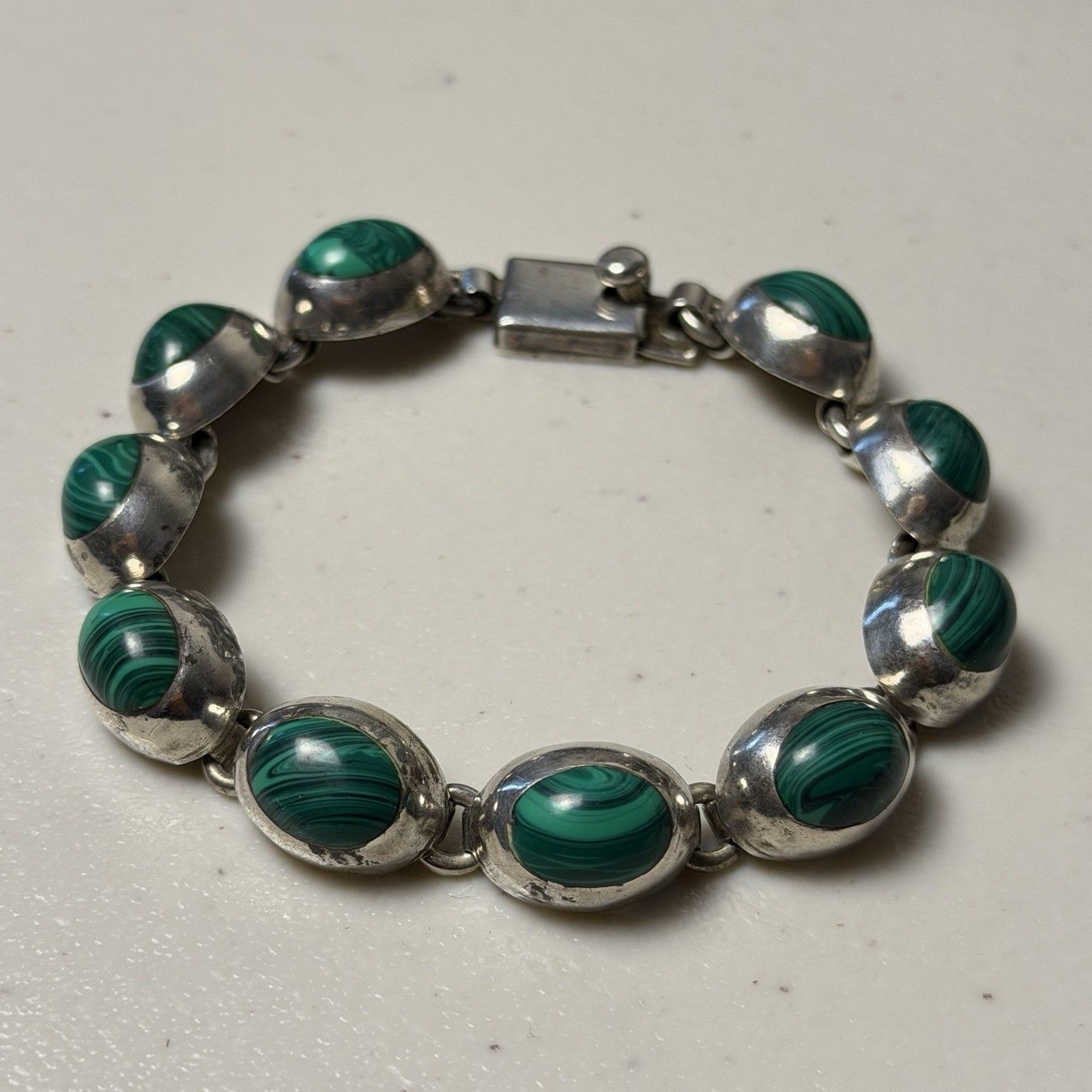 Vintage 925 Taxco Mexico Green Malachite Sterling Silver Bracelet